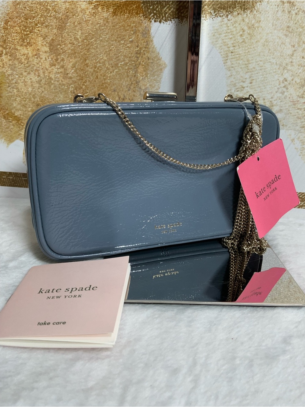 kate spade blue patent leather clutch with gold chain